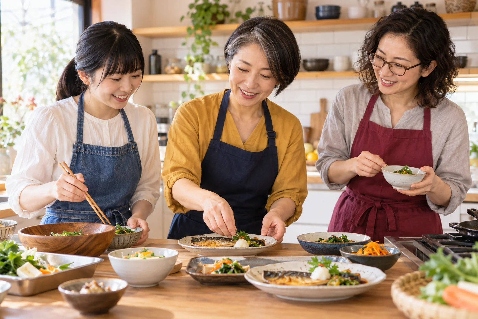 キッチンで一緒に料理をつくる女性たちのイメージ