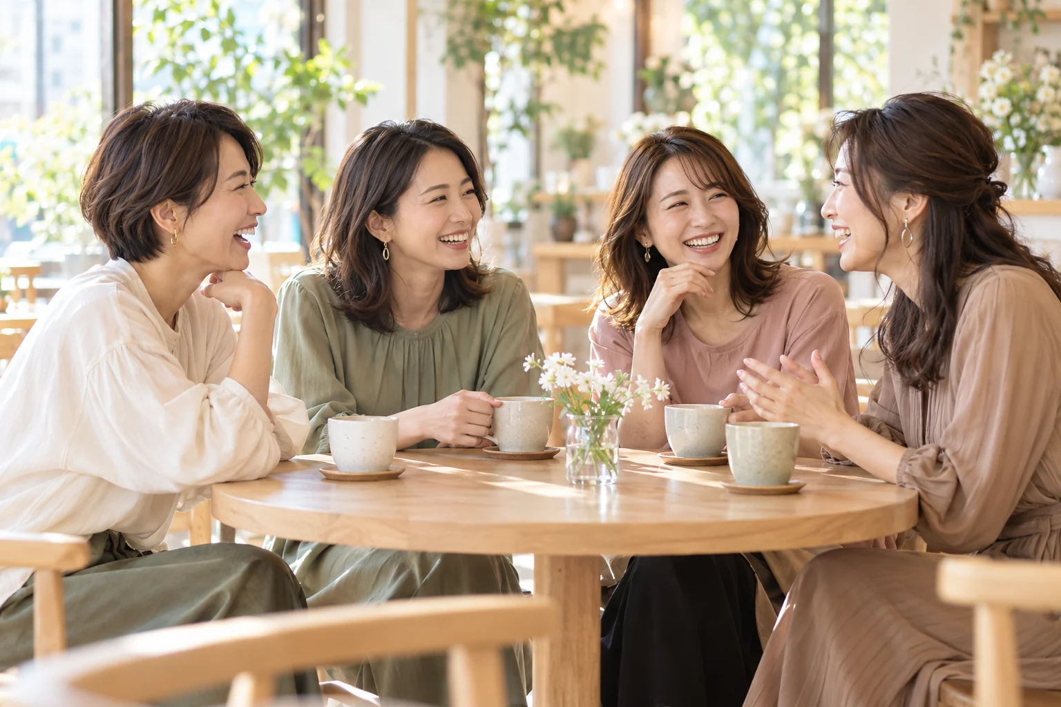 4人の女性がお茶を囲み、笑いながら話すイメージ