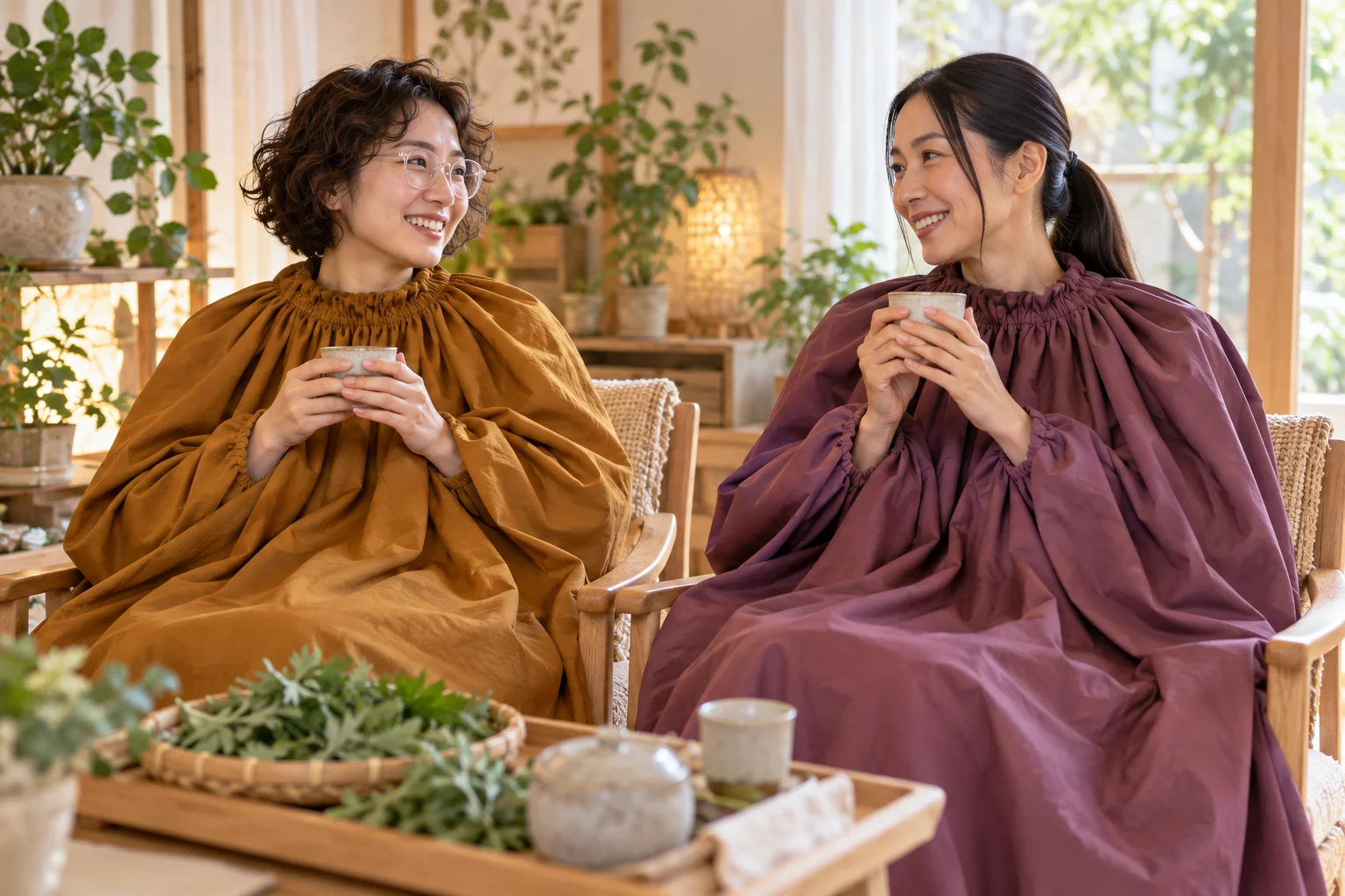 よもぎ蒸しのサロンでくつろぐ、異なるヘアスタイルの女性たちのイメージ